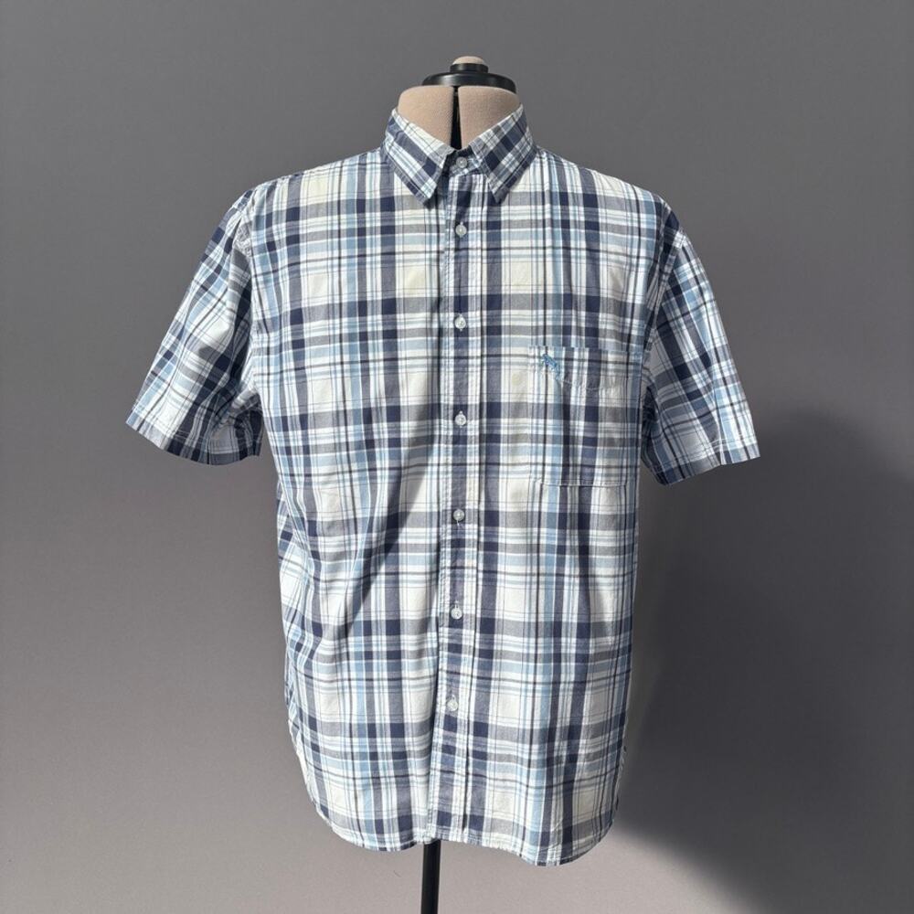 H&M LOGG Mens Short Sleeve Button Front Blue Plaid Shirt Sz XL